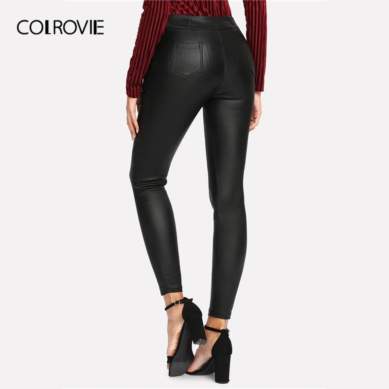 COLROVIE черные брюки из искусственной кожи Женские повседневные однотонные обтягивающие брюки осенние Гламурные женские брюки-галифе