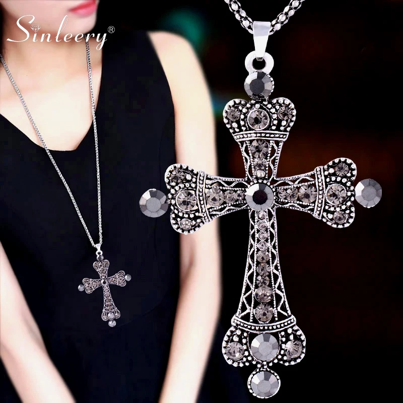 SINLEERY винтажное черное акриловое большое длинное ожерелье с кулоном крестом