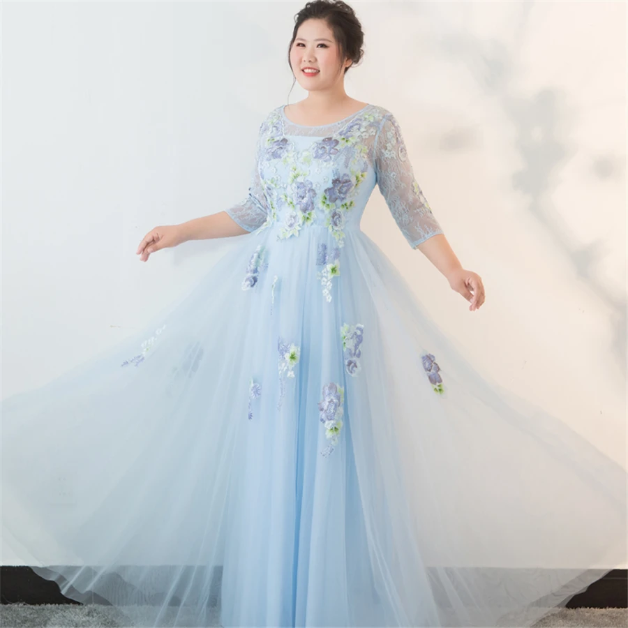 Вечерние Платья с цветочным кружевом Robe De Soiree размера плюс рукав три четверти вечернее платье элегантные женские вечерние платья T147 - Цвет: Небесно-голубой