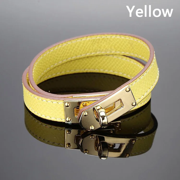 Yellow Популярный бренд, двухслойный браслет из нержавеющей стали, синий, желтый, красный, зеленый цвет, настоящие браслеты из яловой кожи для женщин(DJ1312 - Окраска металла: Yellow