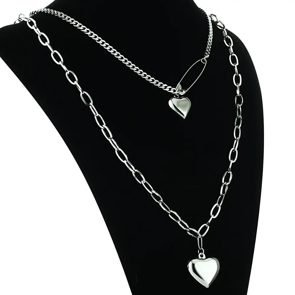 Женское готическое панк Двухслойное ожерелье с сердечком из нержавеющей стали толстая цепь подвески ожерелья серебряные трендовые ювелирные изделия воротник