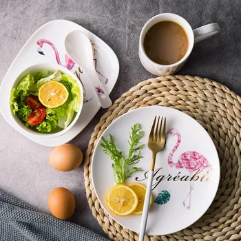

Western-style Dinnerware Flamingo Ceramic Dish Spoon Nordic Flower Rectangular Bone China Mug Breakfast Plate Bowl Tableware