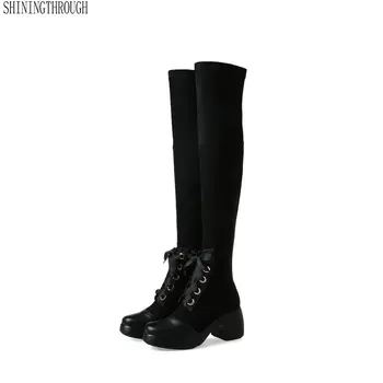 

Genuine leather Women thick high heels platform over the knee high Boots casual motorcycle Shoes lace up Woman boots