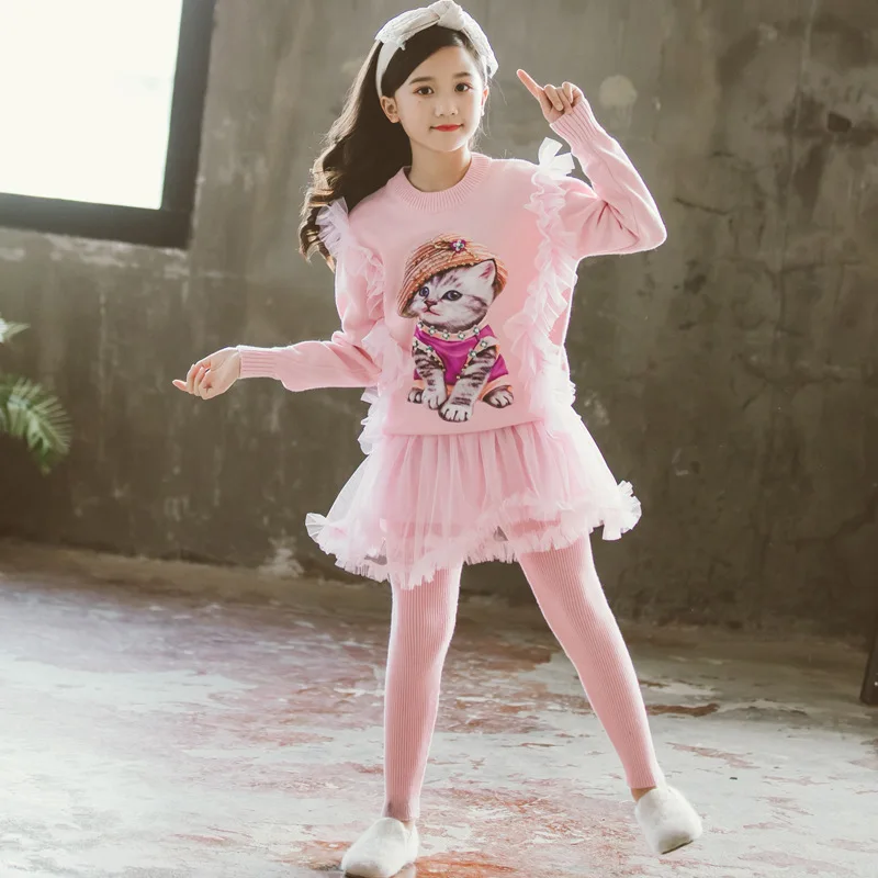

Fashion Girls Clothes Set 2019 Spring Autumn Cartoon Cat Knitted Sweater + Skirts Pant Children 2pcs Cute Suit Kids Clothes