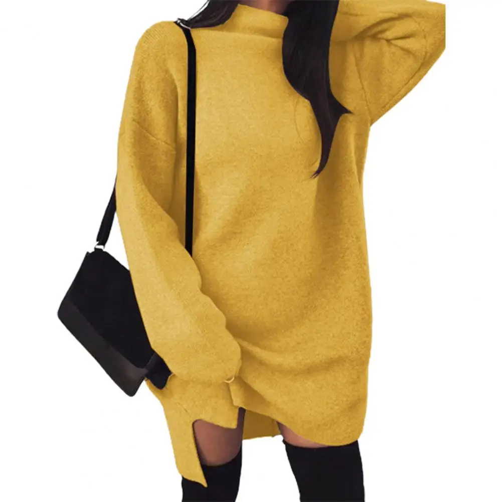 Women Sweater Dress Set Solid Color Turtleneck Casual Side Split Knitted Autumn Ribbed Mini