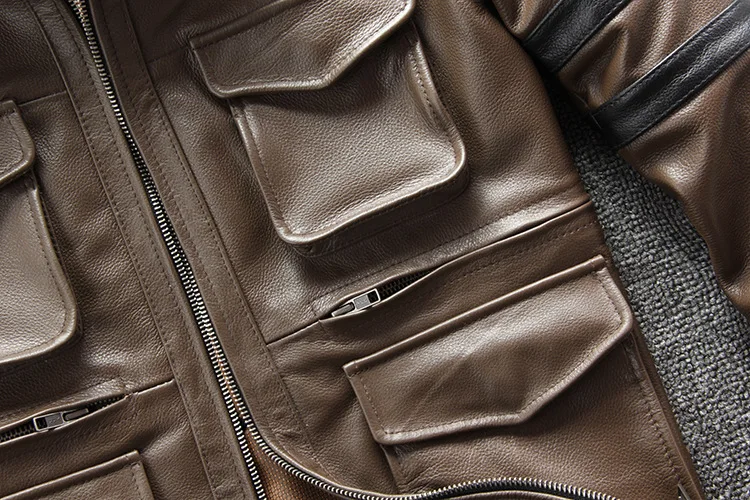 ABOORUN Men's Genuine Cowhide Leather Jacket Slim Motorcycle Biker Real Leather Jacket for Male Multi Pockets R3292
