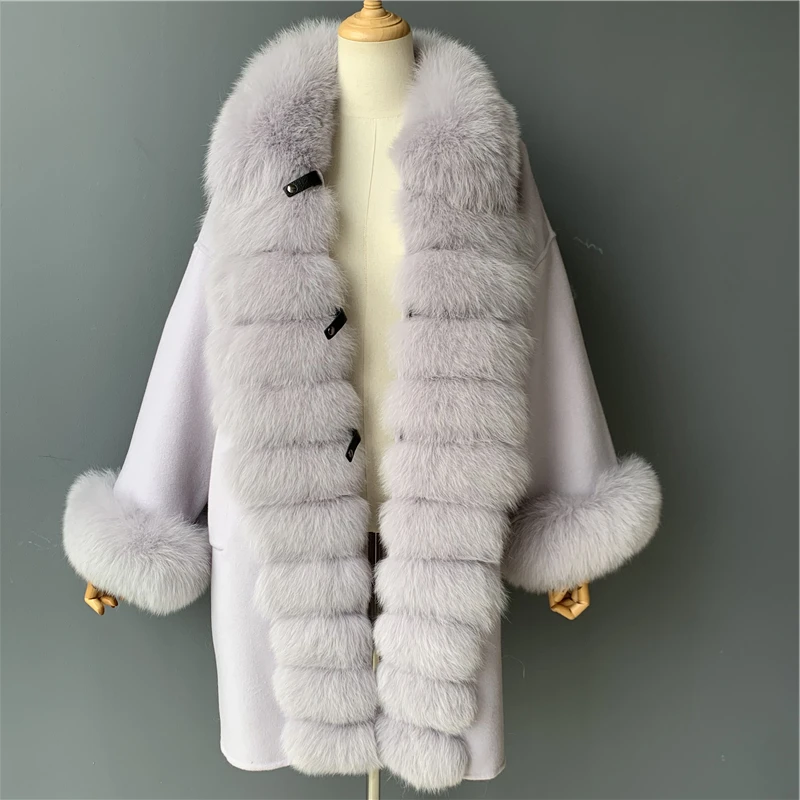 Женское кашемировое шерстяное пальто длинный стиль полный рукав воротник из натурального Лисьего меха пиджак с манжетами весна осень высокие модные шерстяные изделия для женщин пальто