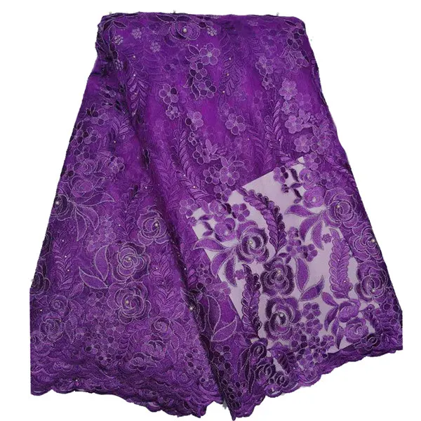 purple Высокое качество фиолетовая Цветочная сетка вышитая швейцарская вуаль кружевная ткань тюль Бисер Женская африканская нигерийская кружевная ткань для платья - Цвет: purple