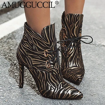 

2020 New Plus Big Size 32-47 Black Gold Silver Lace Up Fashion Sexy High Heel Females Lady Ankle Autumn Winter Women Boots X1957