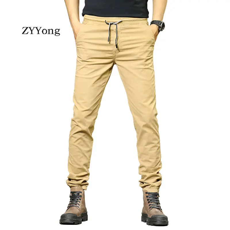 

Men Casual Trousers Cotton Beam Feet Slim Elastic Comfortable Straight Military Cargo Pants Solid Color Motion Fashion Overalls