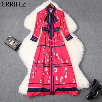 

Women Long Letter Print Dress Wirst Lace Up Bow Tie New Spring Dress Ladies Casual Slim Mid Calf Temperament Dress Office Lady
