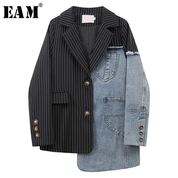 

[EAM] Women Blue Denim Striped Irregular Blazer New Lapel Long Sleeve Loose Fit Jacket Fashion Tide Spring Autumn 2020 1X165