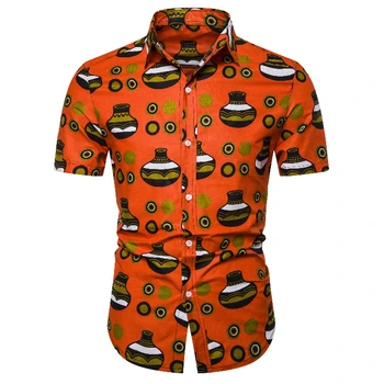 

Men's Versatile Fashion European and American Code Slim Casual Trend Print Orange Lapel Short Sleeve Shirt