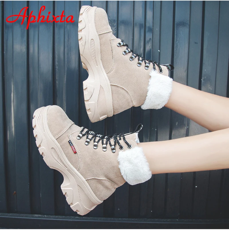 Aphixta Platform Shoes Winter Snow Boots Women Ankle Boots Letter Lace-up Bottes Femme Cloth Shoes Women Platform Boots