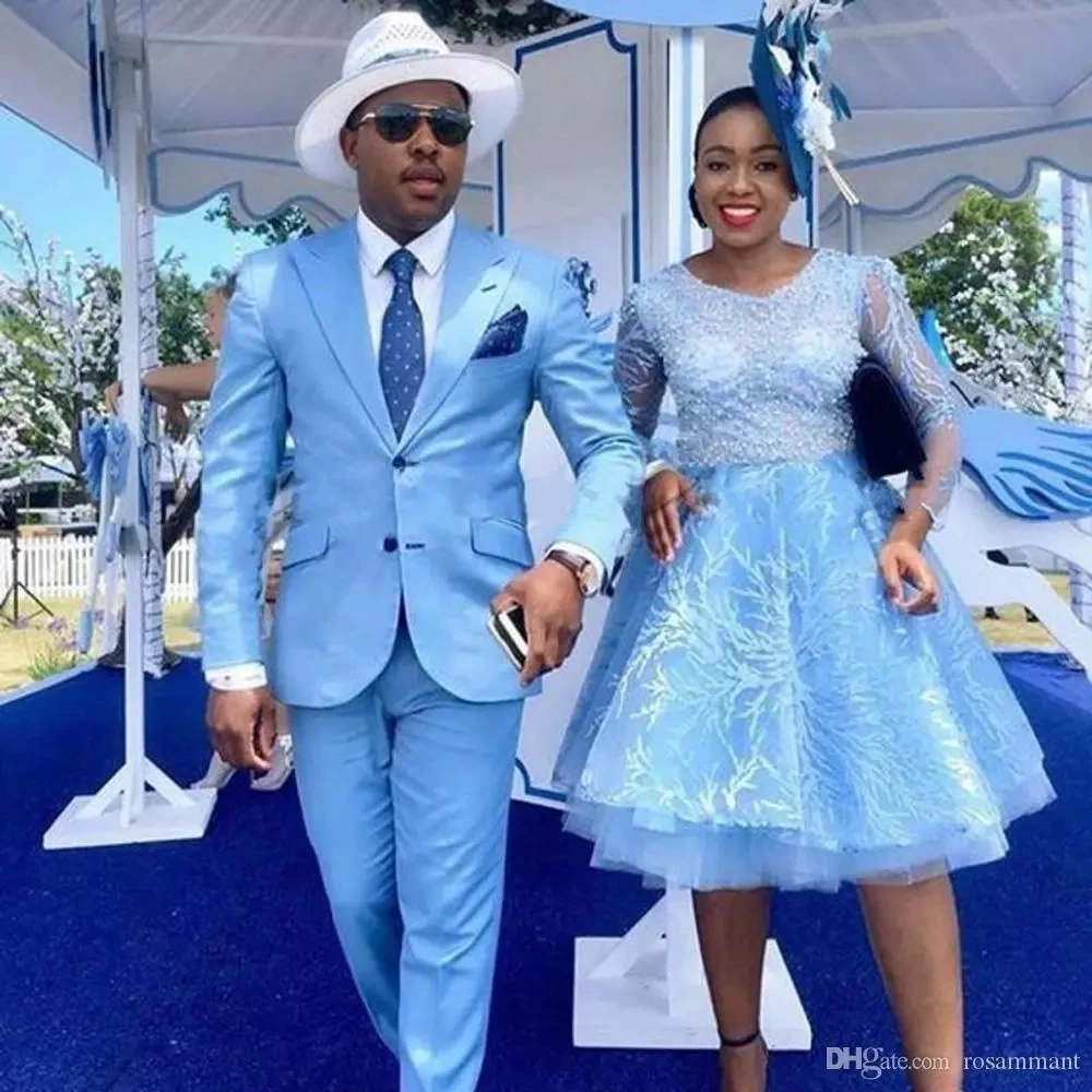 

Light Blue Men Suits 2-piece Closure Collar Business Casual High-Quality Blazer Trousers Wedding Tuxedo(Jacket+Pants)Custom Made