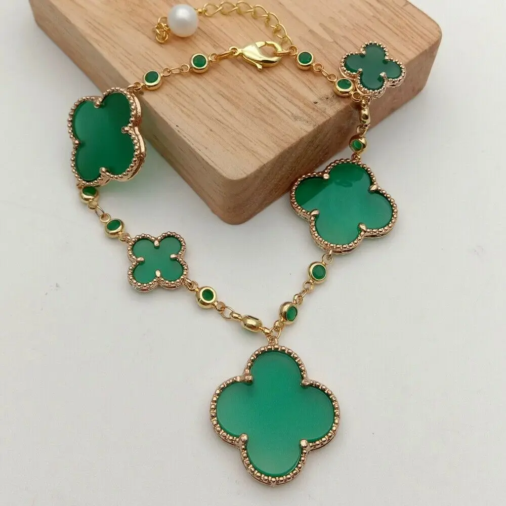 

8" Green Agate Flower Cz Chain Bracelet