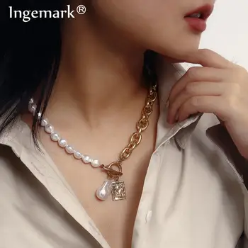 

Gothic Baroque Pearl Angel Pendant Choker Necklace for Women Wedding Punk Lasso Big Chunky Thick Lock Chain Necklace Jewelry
