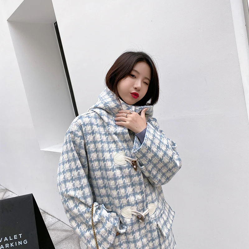 Abrigos Mujer Invierno корейское стильное шикарное повседневное клетчатое зимнее шерстяное пальто с капюшоном женское модное длинное пальто