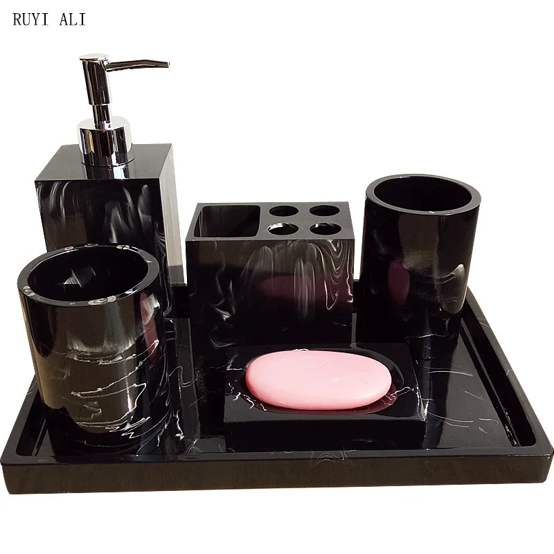 

5pcs/6pcs Bathroom Kit Accessories Set Bathroom Tray Imitation Marble Resin Wash Suit Soap Dish Toothbrush Holder Soap Dispenser