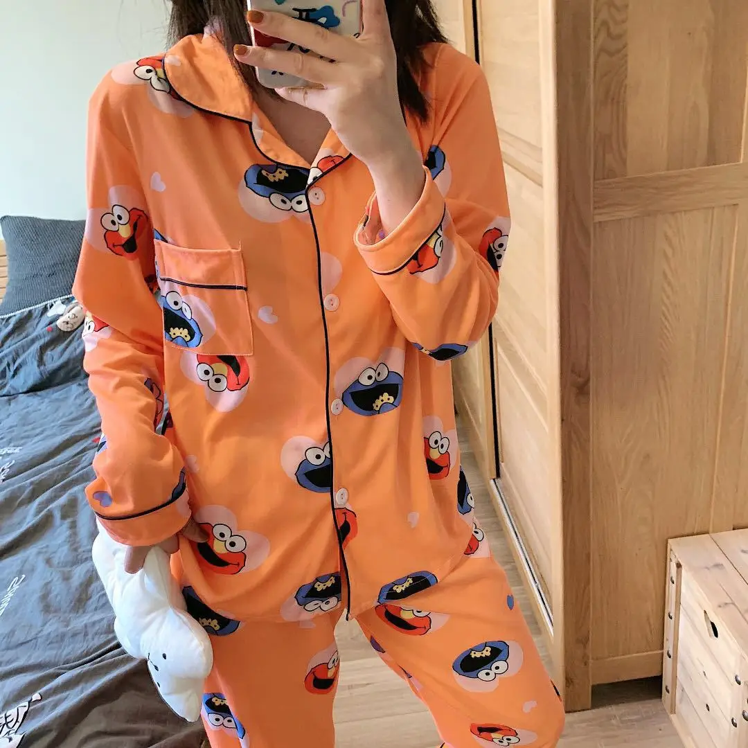 

Ladies Pajamas Set 2020 Gauze Cotton Cartoon Avocado Printed 2Pcs Turn-down Neck Shirt+Pants Comfort Fresh And Nature Women