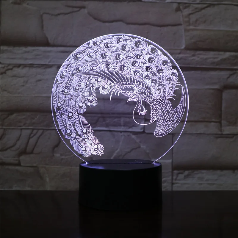 

3D-2200 павлин феникс светодиодный акриловый ночник с 7 цветами сенсорный пульт дистанционного управления Иллюзия меняет светильник для украшения дома s