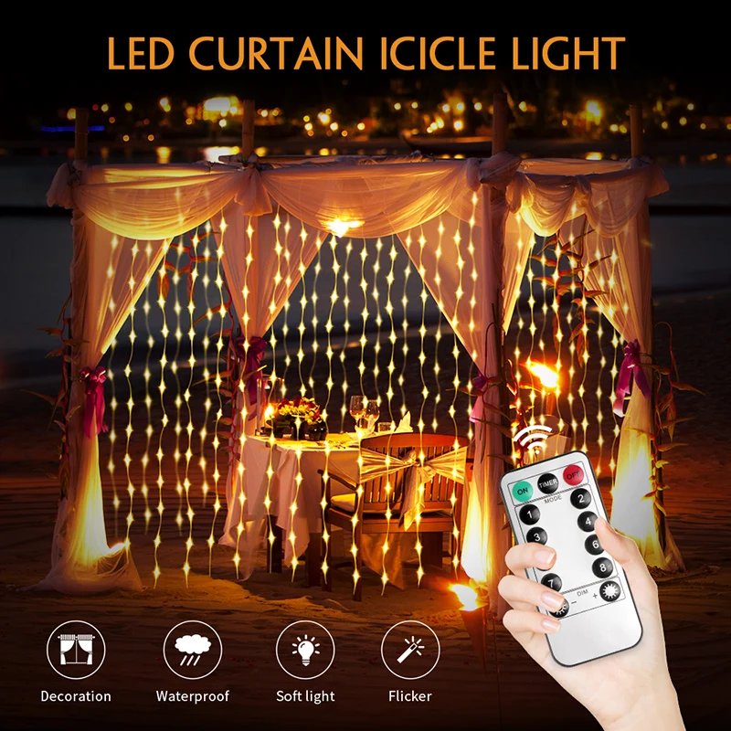 

LED Curtain Light String Lights 8 Modes 300LEDs Remote control USB Waterproof 3x3m Window Lights for Wedding Party Home Garden