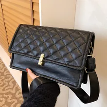 

Black Quilted Messenger Bag Female Quality Leather Shoulder Bag Rhombus Lattice Handbags Women's All Match Design Crossbody Bag