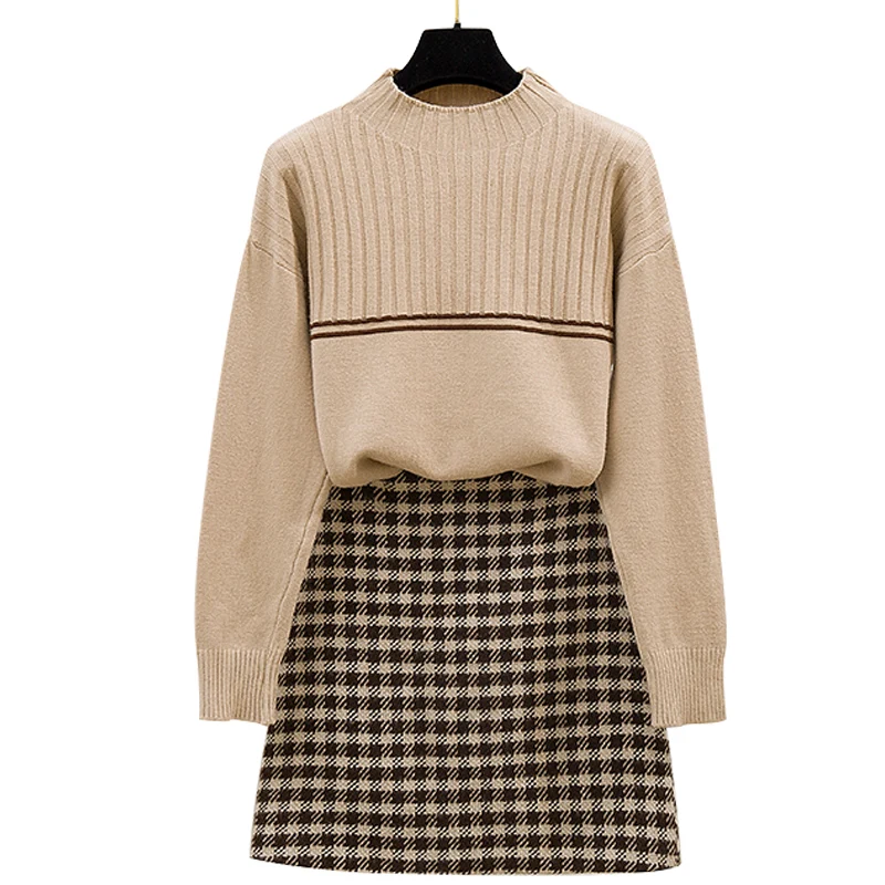 

New Popular Winter Korean Fashion Knitting Pullover Sweater Plaid Skirts The A-Line Skirt Suits Leisure Knitwear Outfit Casual