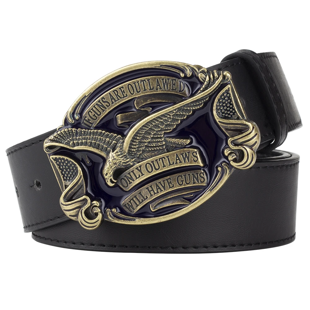 

Eagle Belt for Men Jeans ONLY OUTLAWS WILL HAVE GUNS Metal Buckle Cowboy