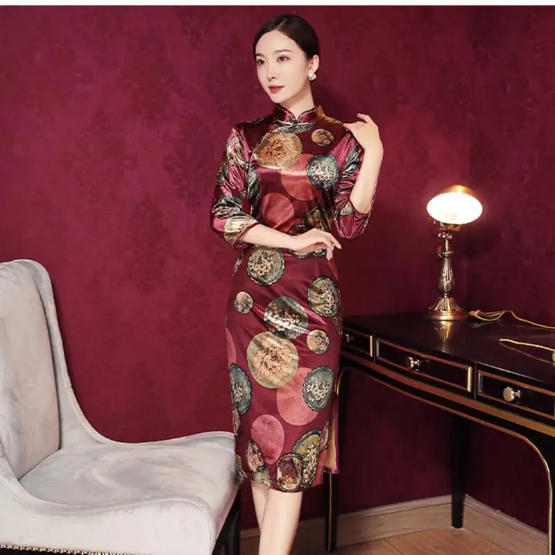 Элегантное женское платье большого размера с воротником «Мандарин», вечерние платья для выпускного вечера с цветочным принтом, винтажное платье Ципао с рукавом 3/4, зимнее длинное платье Ципао - Цвет: Burgundy