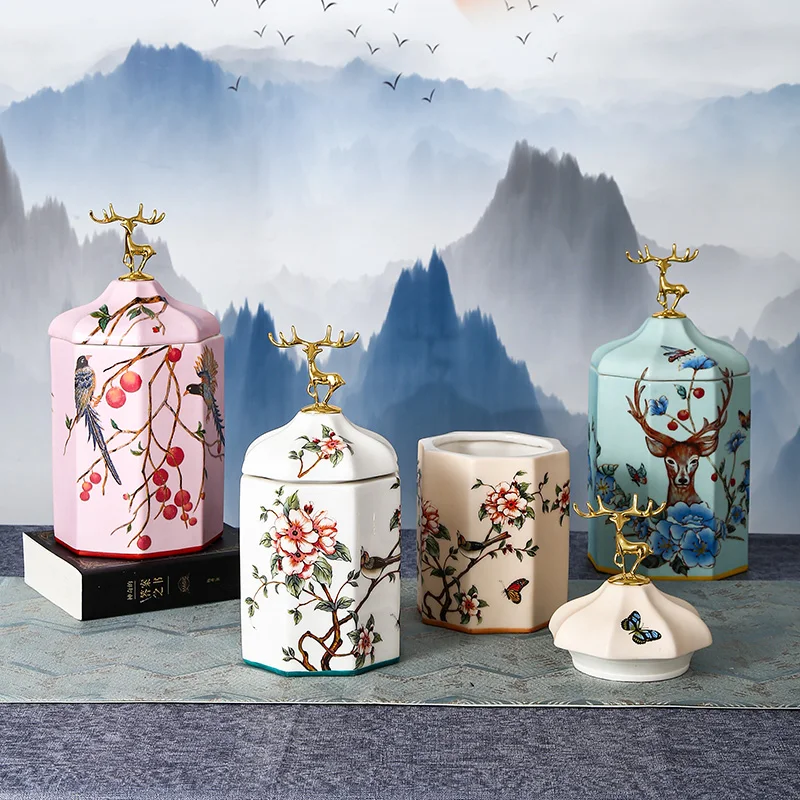 Color Flower Bird Golden Deer Candy Jar Ceramic Storage Bottle Household Nut Tea Tin Moisture-proof Storage Box Porcelain Crafts 3