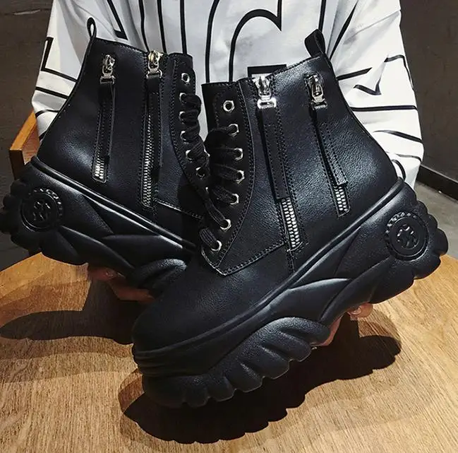 Women Ankle Boots Platforms Shoes Woman 7CM High Heels Thick Bottom Zipper Boots High Top Sneakers 34-39