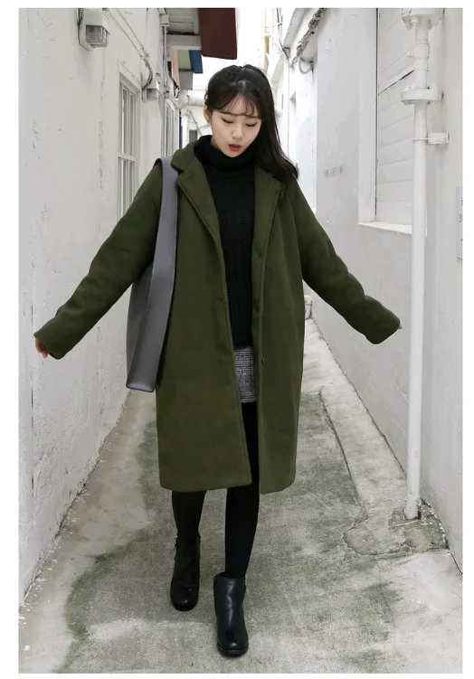 Autumn Winter New Women loose Medium Length Woolen Coat Female Fashion Casual Jackets Thick Warm Solid Color Coats CA3348