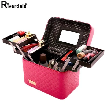 

Women Large Capacity Professional Makeup Organizer Fashion Toiletry Cosmetic Bag Multilayer Storage Box Portable Pretty Suitcase