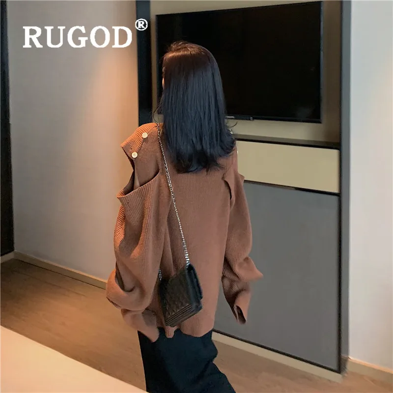 RUGOD Новое Осеннее поступление женский свитер пуловер Водолазка с открытыми плечами Свободный вязаный пуловер Модный женский элегантный топ