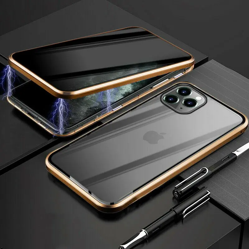 Золотой Для iPhone 11 Pro Max X XR XS MAX 7 8 6 6S Plus антишпионский стеклянный чехол с магнитной застежкой, металлическая передняя панель+ черная стеклянная крышка - Цвет: Золотой