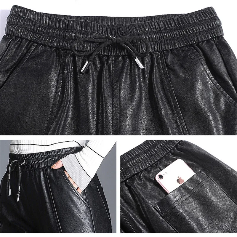 feminina cintura elástica bolsos preta streetwear p162