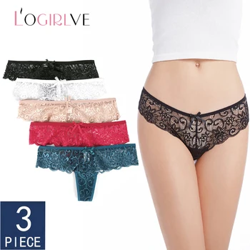 

Logirlve 3PCS / Lot Women's Thong Sexy Low-Waist 5 ColorsTransparent Lace Bow-Knot High-end Hollow Out Underpanty
