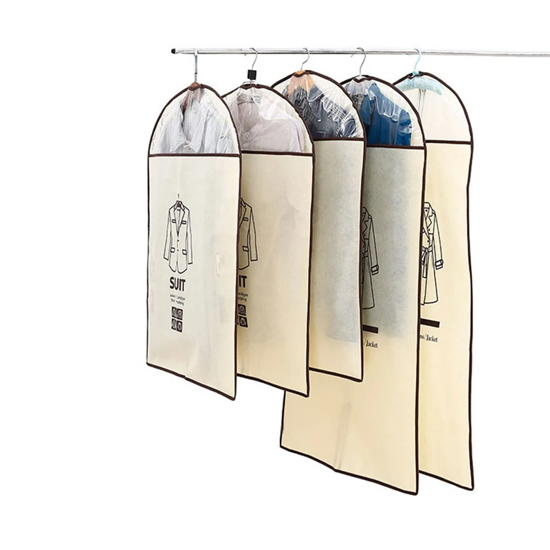 ABUI-5Pcs/Set Hanging Garment Bag Moth-Proof Clothing Covers Dust Proof Cover Storage Bag Clothes Suit Coat Dress Jacket Protect - Цвет: Beige