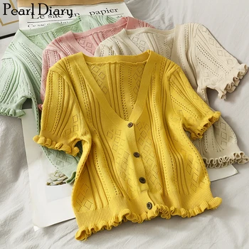 

Pearl Diary Women Knitted Button Front Cardigan Top V Neck Frill Hem Hollow Out Sweet Crop Top Tee Knitted Cardigan Shirts 2020