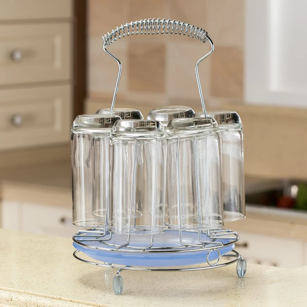 Alloy Six Cups Holder Hanging Upside Down Cups Organizer Mugs Dryer Cups Rack Kitchen Supplies with Tray for Hotel Random Color