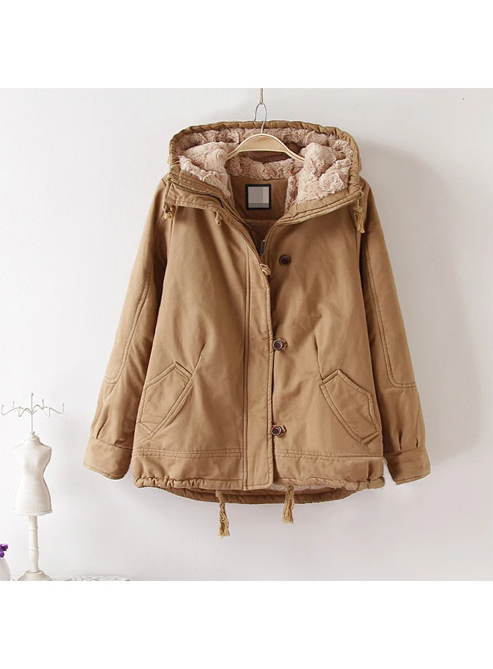 Liva/зимняя куртка для девочек; Женская куртка в Корейском стиле для студентов; милое свободное утепленное кашемировое пальто с капюшоном; женская короткая однотонная ветровка - Цвет: khaki