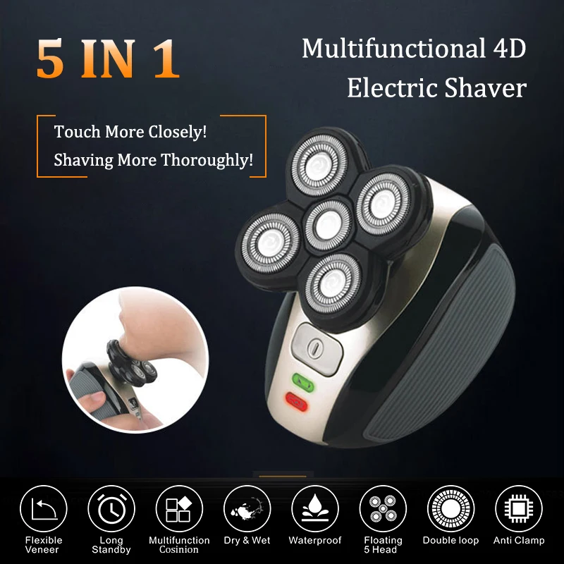 5 in 1 4D Rechargeable Electric Shaver Five Floating Heads Razors Hair Clipper Nose Ear Hair Trimmer Men Facial Cleansing Brush