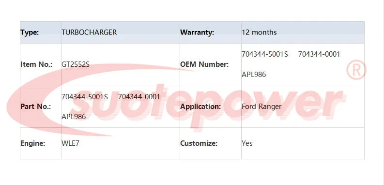 SUOTEPOWER Турбокомпрессор GT2552S 704344-5001S 704344-0001 APL986 для Ford Ranger двигатель WLE7