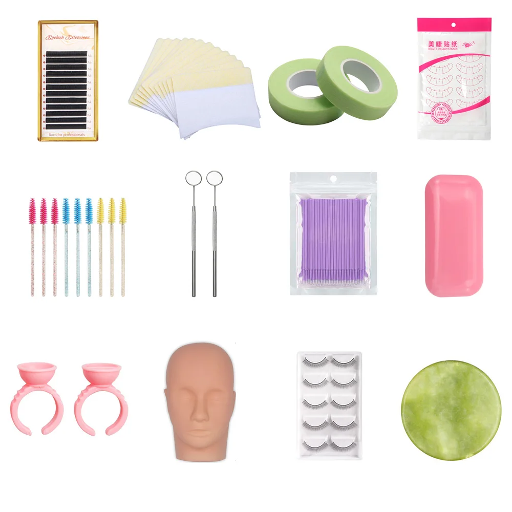 

New False Eyelash Extension Training Kit Practice Model Head Eye Pads Tweezers Glue Ring Brush Grafting Eyelash Makeup Tools Set