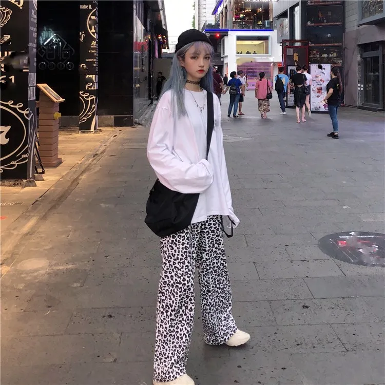 Женские свободные леопардовые широкие брюки Harajuku уличная эластичная талия хип-хоп брюки