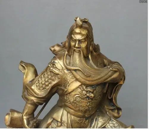 YM 306 18" Chinese Brass Dragon Warrior Stand Stone Guan Gong GuanYu Sword God Statue