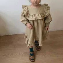 WLG/весенне-осенние платья принцессы для девочек милое детское платье цвета хаки с круглым вырезом и длинными рукавами Повседневная одежда с оборками для маленьких девочек, От 1 до 6 лет