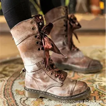 

Leather button mid boot, autumn and winter boots, colored lace up boots