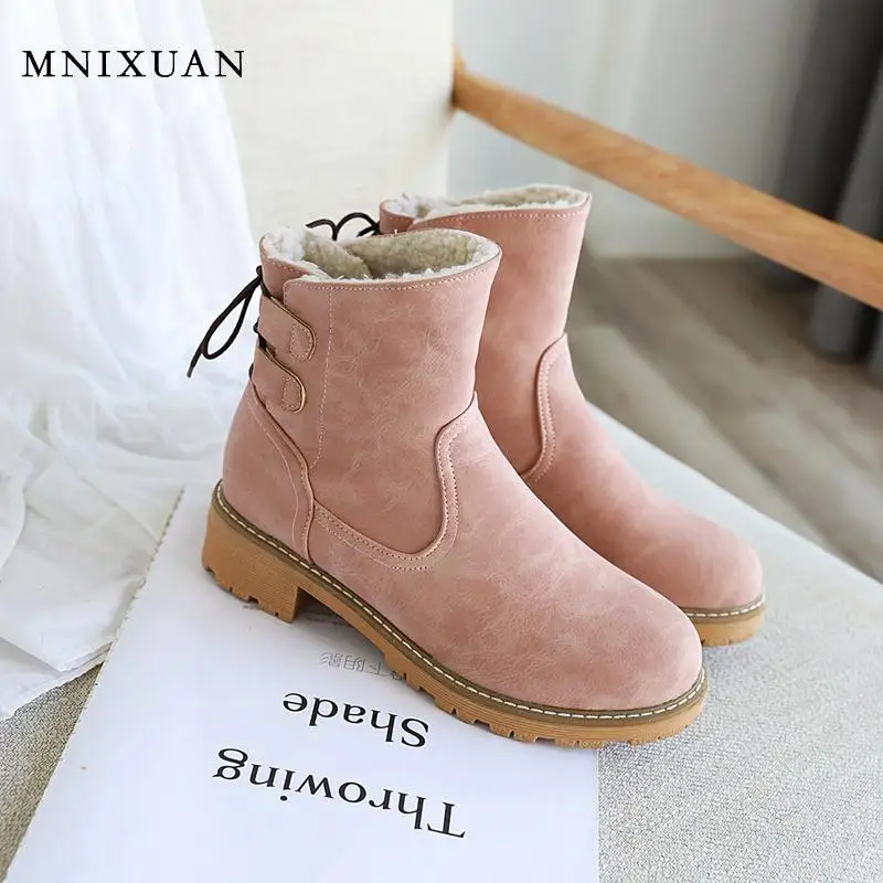 

MNIXUAN Sweet girls shoes winter warm snow boots 2019 new round toe block heels shoes ankle boots Pink Boots women shoe size 10